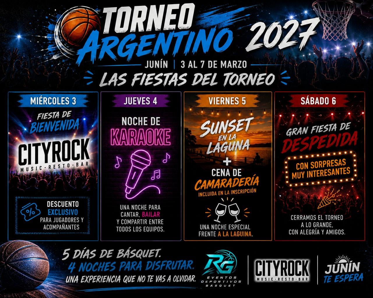 Las fiestas del torneo: miércoles 3 fiesta de bienvenida en Cityrock con descuento exclusivo para jugadores y acompañantes, jueves 4 noche de karaoke, viernes 5 sunset en la laguna con cena de camaradería incluida en la inscripción, y sábado 6 gran fiesta de despedida