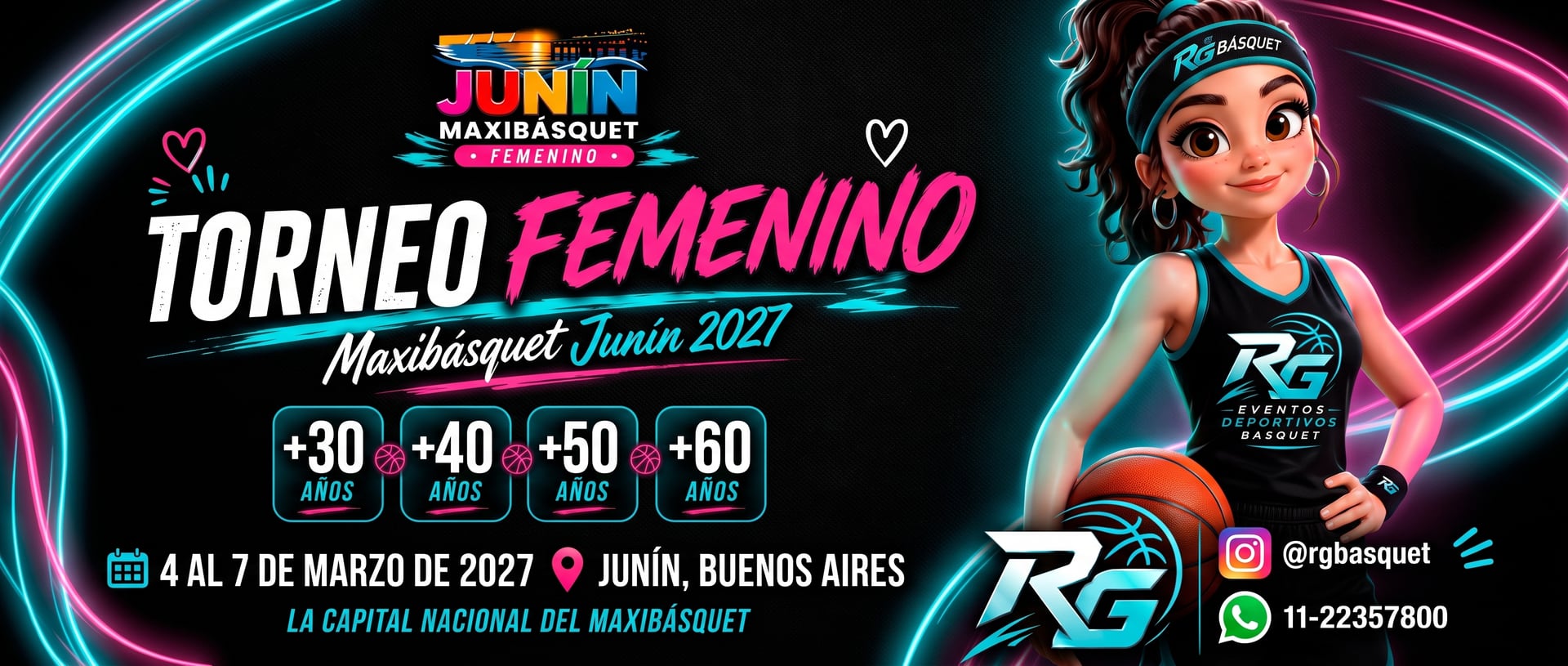 Banner del Torneo Femenino de Maxibásquet Junín 2027: categorías +30, +40, +50 y +60 años