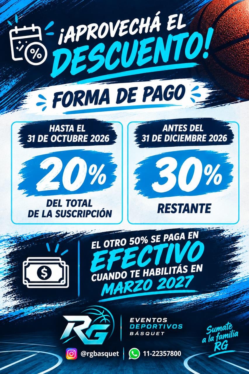 Afiche oficial de formas de pago: 20% del total de la suscripción hasta el 31 de octubre de 2026, 30% restante antes del 31 de diciembre de 2026 y el otro 50% en efectivo al habilitarte en marzo de 2027